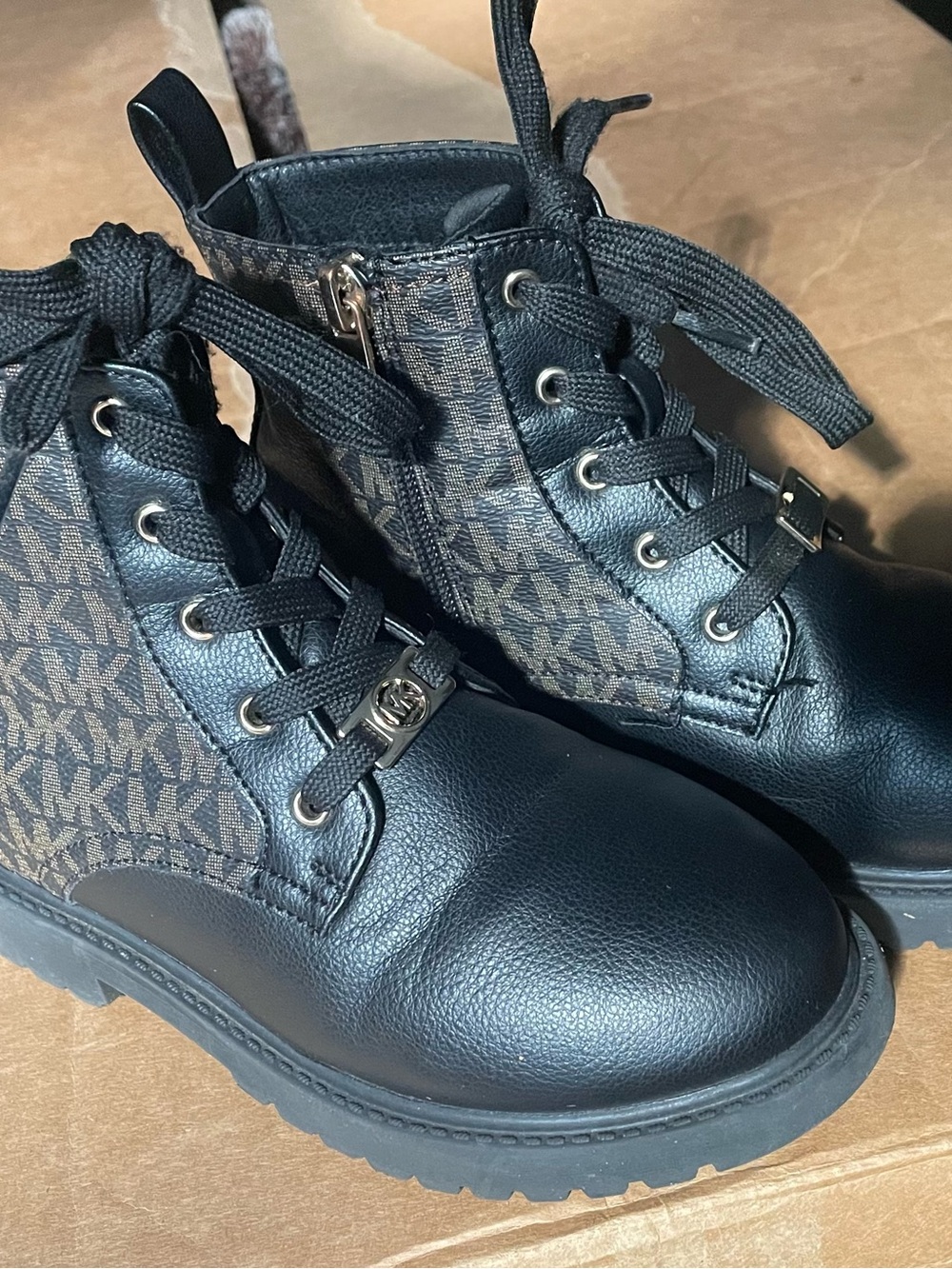 Michael Kors Kids Black Logo Combat Boots with Brown MK Monogram